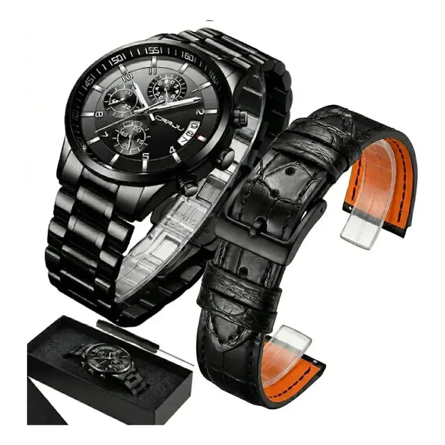 Reloj Phlaromix Patek Philippe Para Hombre, Cuarzo Y Cronógrafo, Con Correa De Cuero Negra De Repuesto Y Caja Regalo Negro Plateado