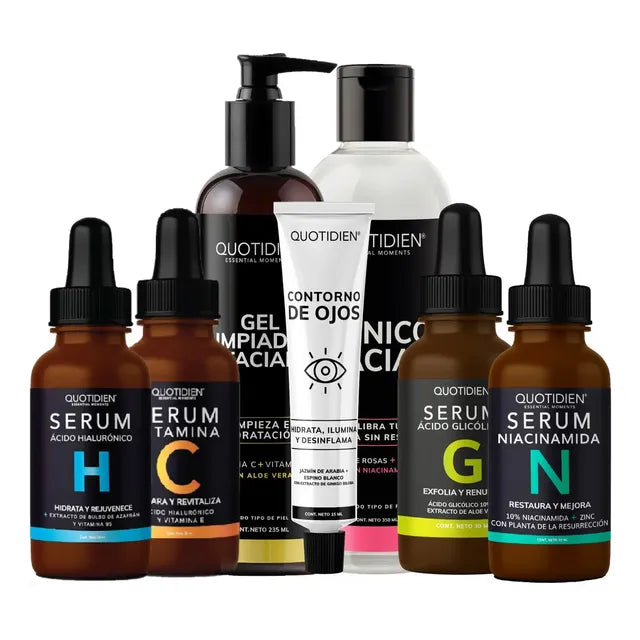 Kit Limpiador Facial + Tonico Facial + Serum Vitamina C + Suero Acido Hialuronico + Serum Niacinamida + Suero Ácido Glicolico + Gel Contorno De Ojos Quotidien Kit Hidratacion Facia