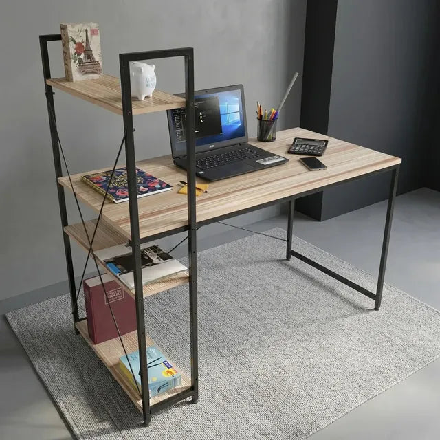 Escritorio Oficina Desk-4 Para Computadora Estilo Industrial 120cm X 122cm X 60cm Color Madera Café Claro Y Negro
