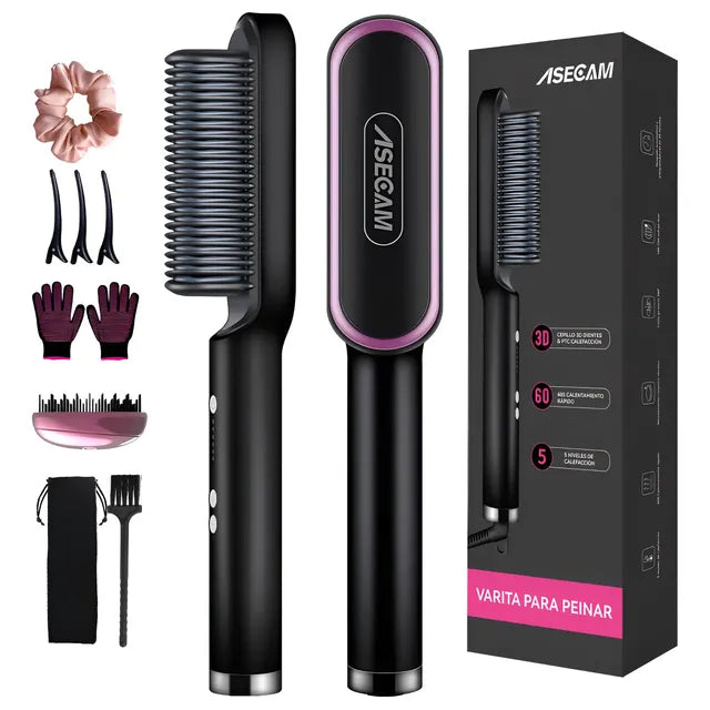 Cepillo Peine Alaciador Y Rizador Eléctrico Plancha Cabello Negro