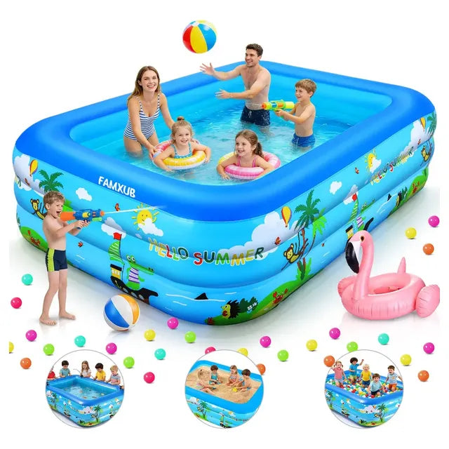 Alberca Inflable 180*130*56cm Piscina Niños Familiar Rectangular Azul Grandes Agua De 800l, Famxub Juego Piscinas Verano Engrosada De Tres Plantas Para Jardín, Patio, Fiesta, Inter