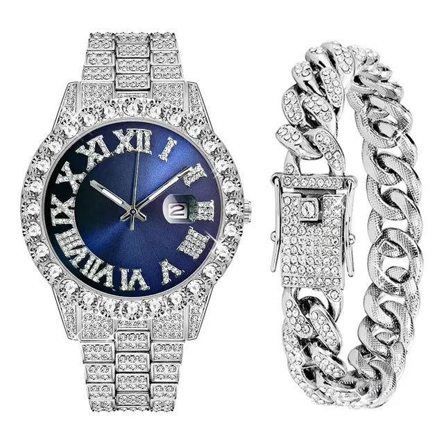 Reloj De Cuarzo Lige Con Diamantes Para Hombre, De Aleación Plateada Y Fondo Azul Plateado