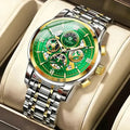Reloj De Cuarzo Acero Multifunción Impermeable Para Hombre Correa Plata Bisel Dorado Fondo Verde Plateado
