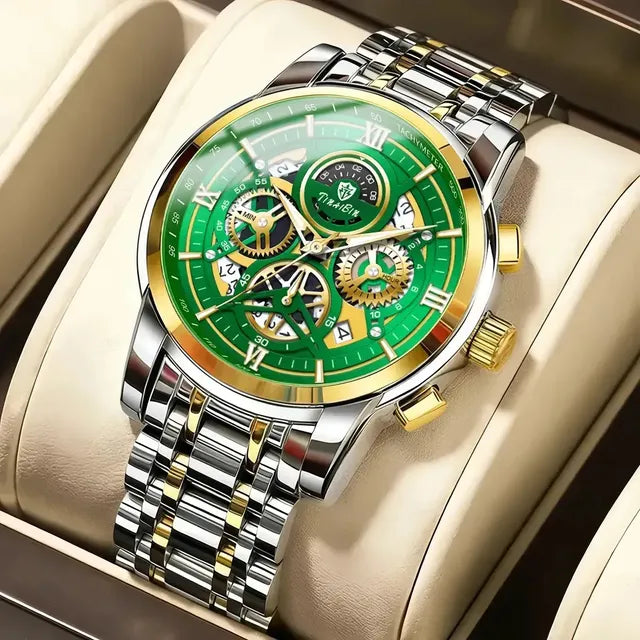 Reloj De Cuarzo Acero Multifunción Impermeable Para Hombre Correa Plata Bisel Dorado Fondo Verde Plateado