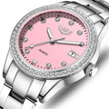 Reloj De Cuarzo De Acero Resistente Al Agua Para Mujer. Correa Plateado Bisel Plateado Fondo Rosa