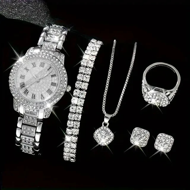 Set Reloj Y Joyería Para Dama 7 Piezas Plateado