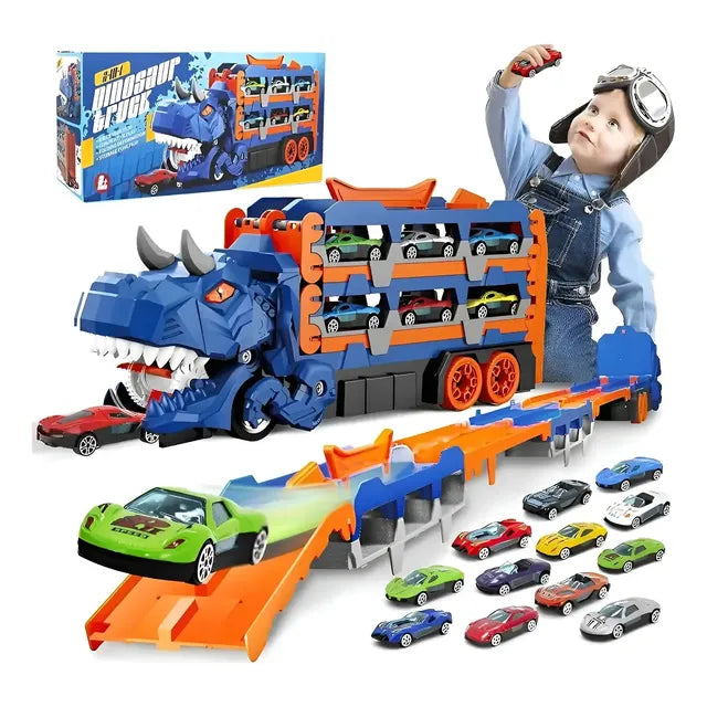 Camión Juguete Transformable Dinosauriodoble Pista Y 12 Auto Azul