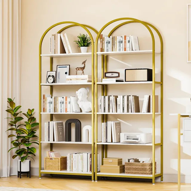 Arch 5 Capas Anaqueles Hierro Estantes De Madera 180 Cm Oro Y Blanco