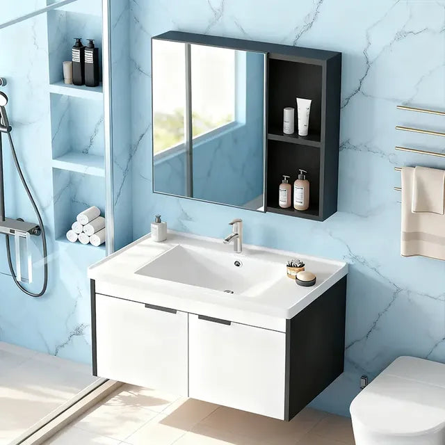 Gabinete Baño Flotante Con Lavabo Cerámico Profundo Y Espejo Blanco Y Negro Blanco Un Agujero