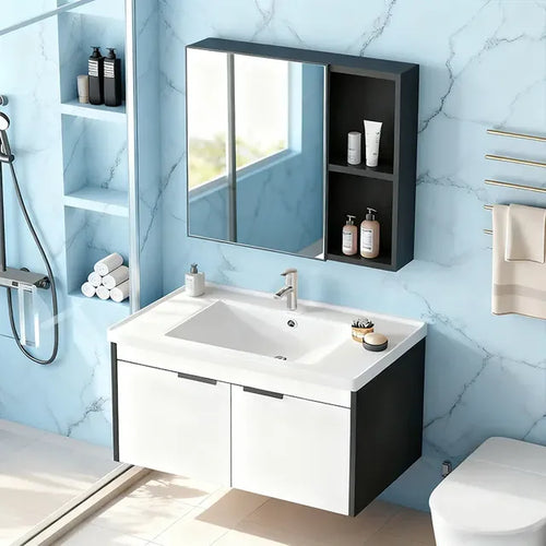 Gabinete Baño Flotante Con Lavabo Cerámico Profundo Y Espejo Blanco Y Negro Blanco Un Agujero